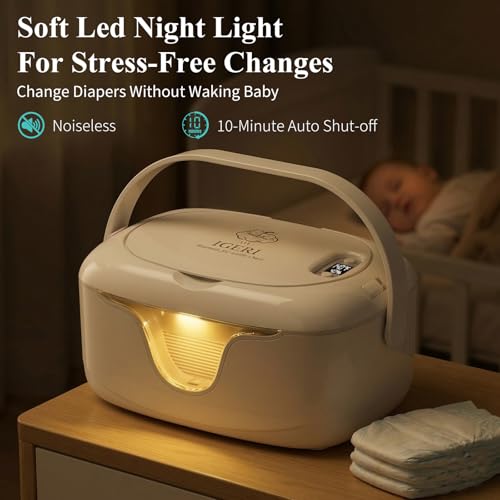 IGERI Portable Baby Wipe Warmer - Cordless Rechargeable Wet Wipes Dispenser for Travel Battery Operated with Nightlight Temperature Control for On the Go
