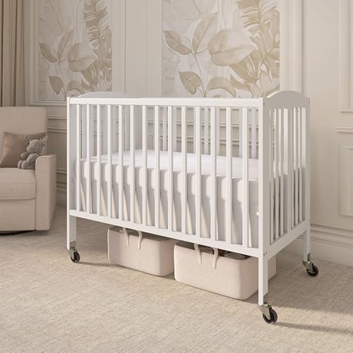 Dream On Me Folding Full Size Convenience Baby Crib with Durable Metal Wheels, Portable Space-Saving Design, 2 Adjustable Heights, Easy Fold Flat Storage, GREENGUARD Gold & BSA Certified, White