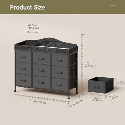 YeTom Baby Changing Table with 9 Fabric Boxes, Waterproof Diaper Changing Station & Pad, Mobile Nursery Diaper Changing Table, Baby Furniture, Black