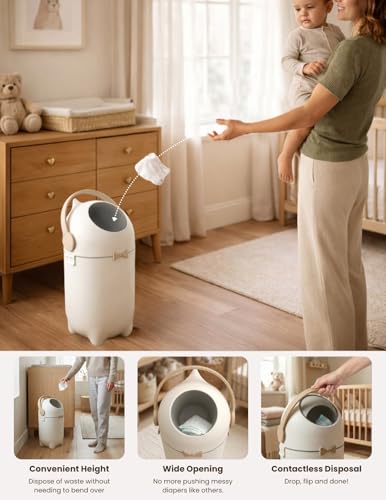 iTouchless Odor-Locking Diaper Pail - 2026 Award-Winning Ag+ Silver Ion Nursery Bin - Fits Any Bag, No Refills Needed - Includes 20 Leak-Proof Bags (Hold 300 Diapers) - Boho White Baby Registry Gift