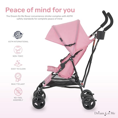 Dream On Me Rover Convenience Baby Stroller – Lightweight & Compact Travel Umbrella Stroller, Quick One-Hand Fold, Lockable Rear Wheels, Adjustable Canopy, 3-Point Safety Harness & Cup Holder - Pink