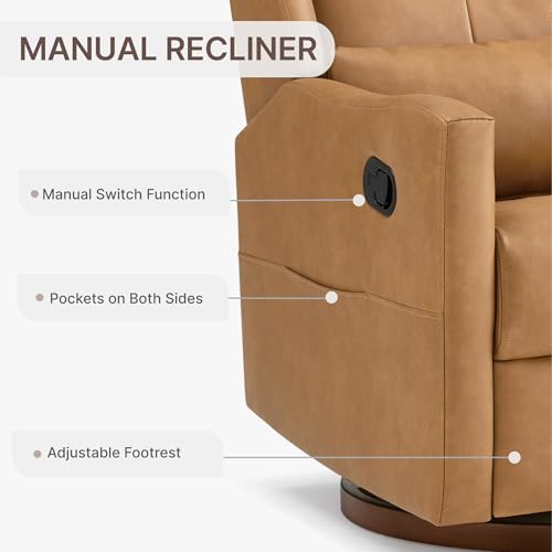 KISLOT Faux Leather Recliner Swivel Glider, 360° Rotation Nursery Chair Upholstered Reclining Rocker with Wood Base for Living Room Bedroom Nursery