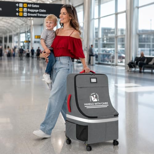 RAINSMORE Padded Car Seat Travel Bag for Airplane with Spinner Wheels, Heavy Duty Carseat Backpack for Air Travel Large Rolling Airport Gate Check Bags Fits Baby Car Seats & Boosters, Grey