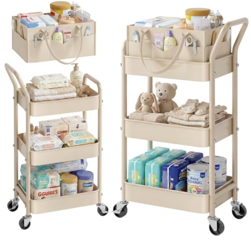 Baby Diaper Caddy Organizer Cart with Detachable Dividers, 3 Tier Metal Bedside Storage Rolling Cart with Wheels for Nursery, Postpartum Cart and Organizers for Newborn Essentials & Supplies (Oatmeal)