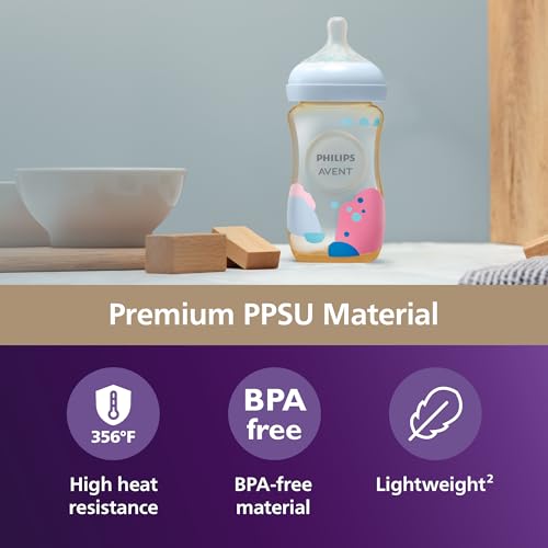 Philips Avent PPSU Natural Baby Bottles with Medium Flow Nipples (Flow 3), 9oz, with Decoration, 2-Pack, SCY943/02