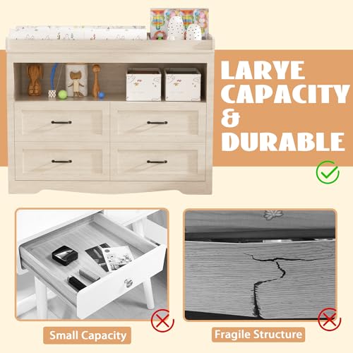 QUNTTINA Baby Changing Table with Changing Table Top for Infants Nursery Dresser Chest with 4 Drawers Storage Changing Station Dresser with LED Light Diaper Changing Station Nursery Organizer,Beige