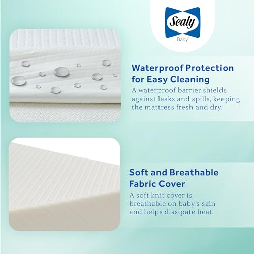 Sealy Baby Infant & Toddler Crib Mattress - Butterfly Knit Premium Foam, Waterproof and Breathable, Non Toxic Washable Zip off Cover, GREENGUARD GOLD Certified, Made in USA, 52x28