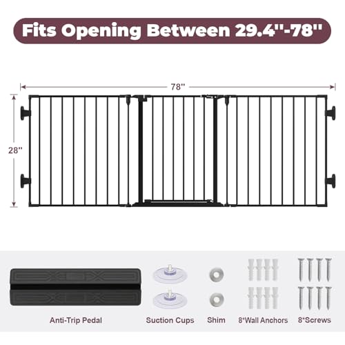 Cideny 29.4-78" Extra Wide Baby Gate, Long Dog Gates Indoor for Doorways Stairs, Essential Large Safety Gate for Child Toddler with Anti-Trip Pedal, Adjustable Pet Gate, 28" Tall 3 Metal Panels Black