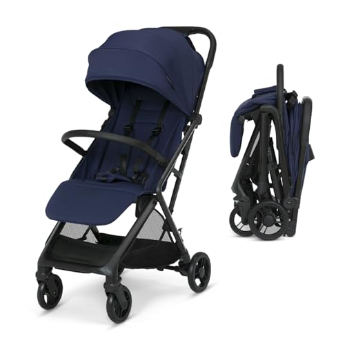 Delta Children Icon Ultra Compact Lightweight Everyday & Travel Stroller - One-Hand Fold - Only 15.6 Pounds - Fits in Overhead Compartments - Greenguard Gold Certified - Multi-Position Recline, Navy