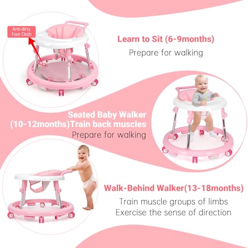 Baby Walker Foldable with 9 Adjustable Heights, Baby Walker with Wheels Portable, Infant Toddler Walker for Baby Boy Girls 6-18 Months (Pink)