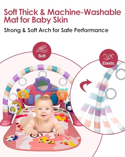 dearlomum Baby Play Mat Gym, Funny Play Piano Tummy Time Activity Mat with 5 Infant Sensory Toys, Music and Lights, Boy & Girl Gifts for Newborns 0 to 3 6 9 12 Months (Pink)