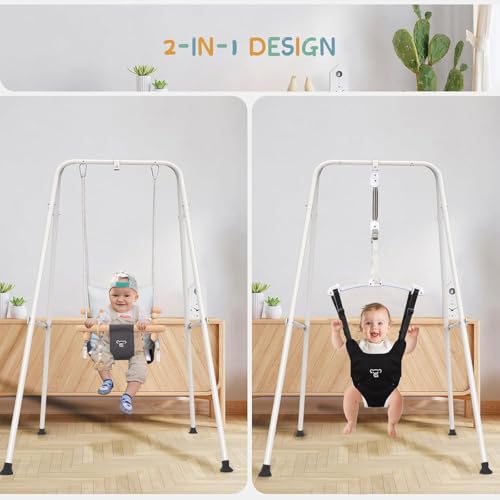 RAGOZONERY 2 in 1 Baby Jumper with Toddler Swing, Baby Jumpers and Bouncers,Indoor Outdoor Toddler Swing Set, Cotton (Black)