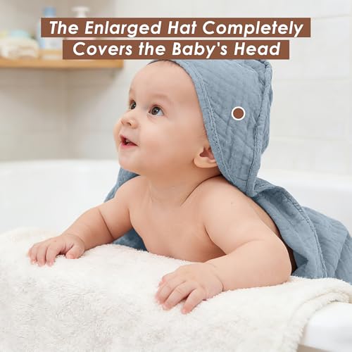 Ease Cubs 3-Pack Muslin Hooded Baby Towels, 100% Cotton, Ultra-Soft & Absorbent Baby Bath Towels with Hood for Babies, Infant, Toddler and Newbron (Grey and Navy Blue Series,32" x 32")
