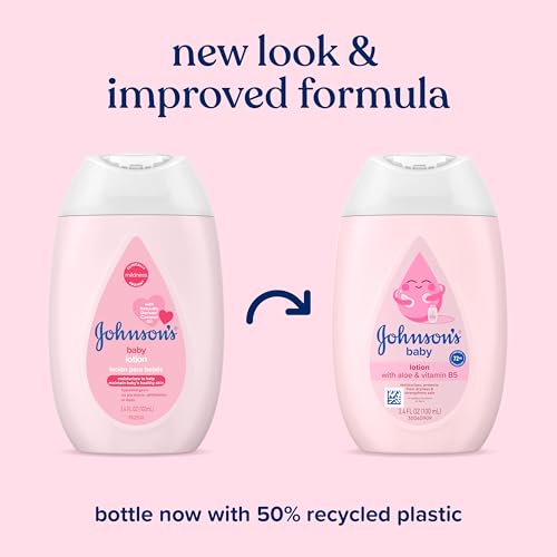 Johnson's Baby Lotion with Coconut Oil, Aloe Vera & Vitamin B5, 72 HR Hydration, Skin Moisturizer, Hypoallergenic, Newborn Safe, Protects From Dryness & Strengthens Skin, Baby Essentials, 3.4 fl. oz