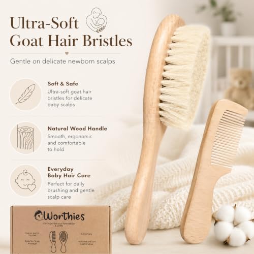 Worthies Baby Hair Brush and Comb Set, Wooden Newborn Brush with Soft Goat Hair Bristles, Gentle Infant Scalp Brush & Toddler Comb, Baby Grooming Kit, Cradle Cap Care, Registry Gift, 2 Count