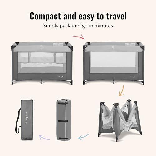Dream On Me Zazzy Portable Playard with Bassinet - 360° Mesh Visibility, Quick Folding Travel Friendly Design, Carry Bag and Foldable Mattress Pad Included, Compact and Lightweight - Gray