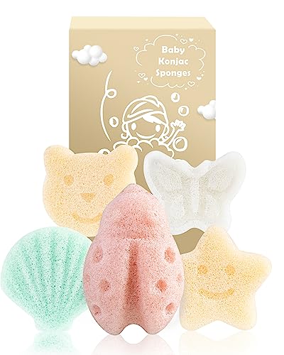 MoHern Konjac Baby Sponge for Bathing, 5Pcs Natural Cute Shapes, Kids Bath sponges for Infants, Toddler Bath time, Plant-Based, Extra Soft