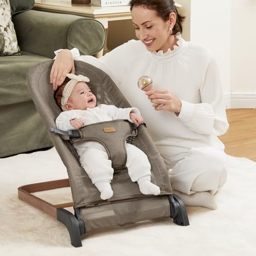 Foldable Baby Bouncer, Baby Bouncer Seat with 3 Adjustable Heights, Portable Newborn Rocker, Ergonomic Bouncer Seat for Natural Bounce, Bouncer for Babies 0-6 Months, Breathable Mesh (Light Brown)