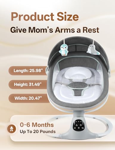 Electric Baby Swing for Infants to Toddler, 0-9 Months Portable Swing Rocker 5 Sway Speed, Bluetooth,12 Preset Lullabies with Remote Control, Infant Swing for Baby Boys & Girls, Grey