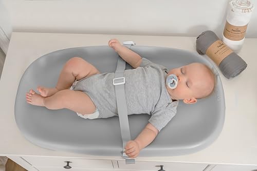 Papablic Baby Changing Pad – Soft & Wipeable Diaper Changing Table Mat for Dresser Bed Sofa, Built-in Safety Belt, Non-Slip, Waterproof, Easy to Clean – Gray, Ideal Gift for New Parents