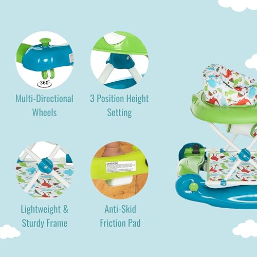 Dream On Me Baby Steps Baby Walker, Infant Activity Walker Three Position Adjustable Height, Removable Tray, Folding Walker for Baby 6-12 Months, Blue and Green