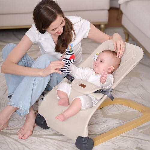Winchild Baby Bouncer,Portable Baby Bouncer Seat & Foldable with 3 Height Adjustments, Ergonomic Bouncer for Babies 0-6 Months, Wood Grain Style, Natural Vibrations, Includes Storage Bag (Beige)