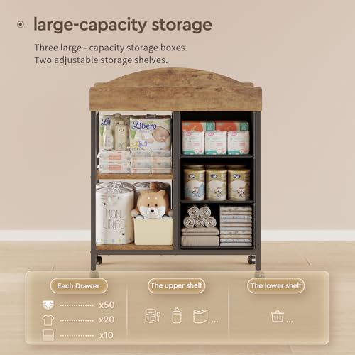 YeTom Changing Table Dresser, Baby Dresser with 3 Fabric Drawers and 2 Shelves, Multi-Functional Baby Changing Table with Pad, Classic Nursery Dresser, Diaper Changing Station, Rustic Brown