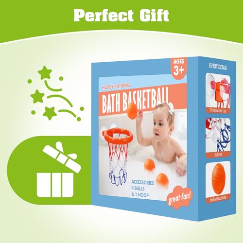 KSABVAIA Bath Toys - Bathtub Basketball Hoop for Kids Toddlers - Bath Toys Shower Toys for Kids Ages 4-8,Suction Cup Basketball Hoop & 3 No Hole Balls Set for Boys Girls