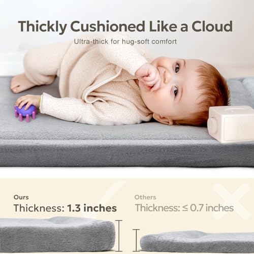 Mallify Ultra Soft 1.3" Thick Baby Play Mat for Floor, Large Velvet 50"x50" Playpen Mat for Babies, Toddlers, Infants, Kids, Baby-Safe & Non-Slip for Tummy Time and Crawling, Gray