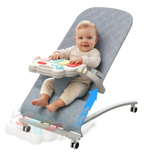 Gryvoth Portable Baby Bouncer Seat 0-18 Months,Detachable Piano & Hanging Toys,3-Level Recline (Rock/Fix),Foldable with Quiet Wheels,Baby Shower