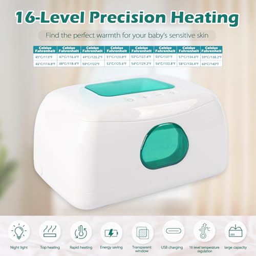 Baby Wipe Warmer with 16-Level Precision Heating, Portable USB-Powered Wet Wipe Warmer, Auto-Lift Spring Wet Wipes Dispenser, Gentle 45°-60° Diaper Wipes Warmer for Diaper Changes, Home & Travel Use