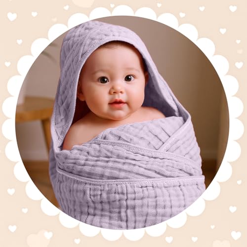 Peryiter 4 Pcs Baby Towels Cotton Muslin Hooded Baby Towels for Newborn Infant Toddler Large 32 x 32 Inch Soft Absorbent Blankets Bath Essentials Registry Gifts for Girl Boy (Purple Series)