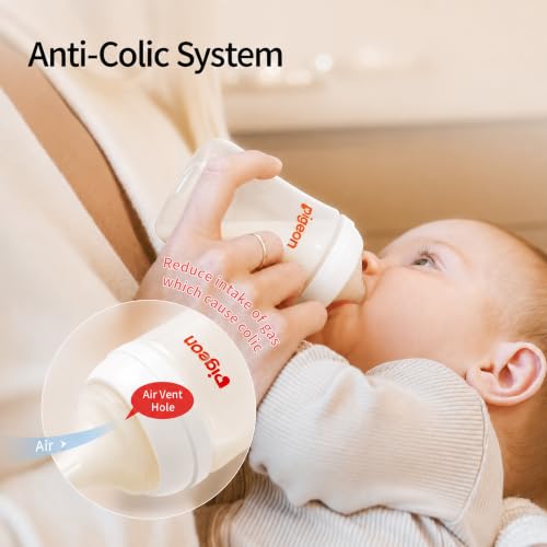 Pigeon Newborn Baby Bottle Feeding Gift Set, Nurture & Nest, Anti-Colic Wide Neck Bottles with Latch-On Silicone Nipples, 3 Bottles (5.4 Oz), 3 Stage 2 Nipples, 1 Bottle Brush and 1 Nipple Brush
