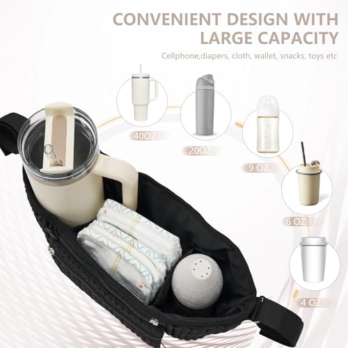 LUKJOJO Stroller Organizer - Stylish Quilting Nylon, Universal Fit, Detachable Bag, Adjustable Multi-Storage for Baby Stroller and Pet Stroller（Black-A