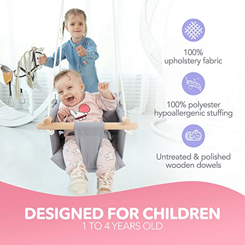 CaTeam Canvas Baby Swing Seat with 5-Point Safety Belt — Wooden Hanging Toddler Swing, Indoor & Outdoor, Ages 1-4, Ceiling Mount Hardware Included, Taupe Gray