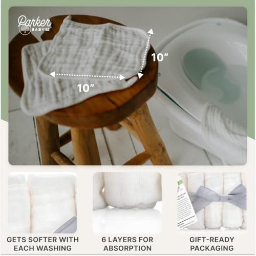 Parker Baby Washcloths - 6 Pack of 100% Cotton Muslin Wash Cloths - Soft, Absorbent and Natural - White