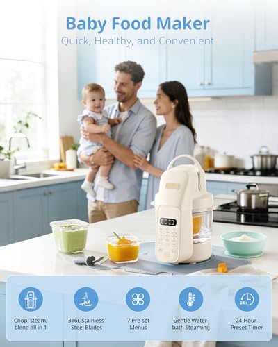 SosekiBaby FM01 Baby Food Maker, 316L Stainless Steel Blades | Puree Steamer Blender Processor With 10oz Glass Bowl | One-Step Food Mill with Recipe, 12H Keep Warm, Auto Clean, Reheat | BPA-Free