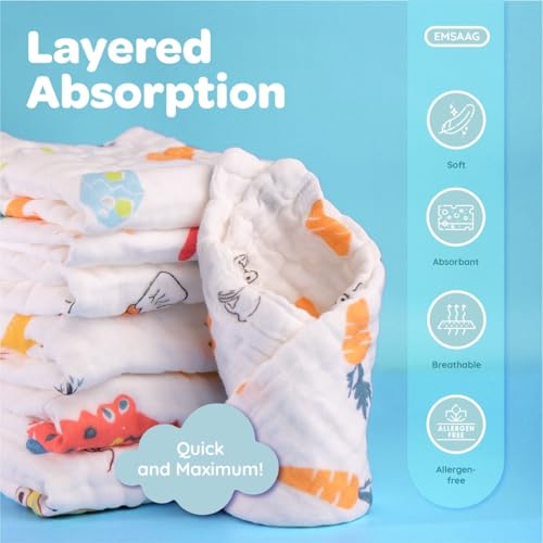 EMSAAG Muslin Baby Washcloths Pack of 7-Soft Sweat Cloths for Newborn,Absorbent Baby Bath and Face Towels,100% Cotton Baby Wipes,Burp Cloths,Feeding Towels for Babies and Infants,Mix Pattern-10 x 10’’