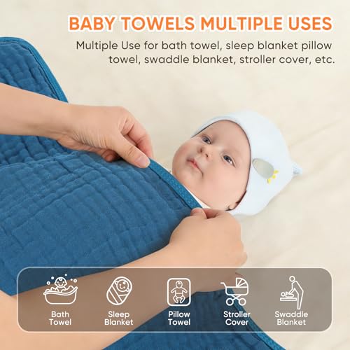 MIGIOL Muslin Baby Towels 100% Cotton ，Super Soft Muslin Baby Bath Towel - 32 x 32 Inches, Suitable for Newborn and Young Children up to 3 Years Old. (Light Blue & Dark Blue)