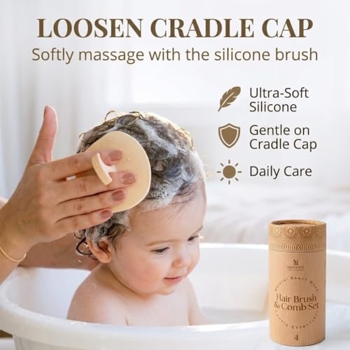 Wooden Baby Hair Brush Grooming Kit with Beech Wood Goat Hair Brush, Cradle Cap Brush, Silicone Scalp Massager, Ultra Soft Bristle Brush | Gender Neutral Newborn Hairbrush Set for Boy or Girl