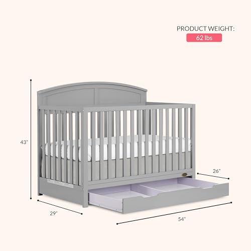 Dream On Me Storybrooke 5-in-1 Convertible Full-Size Crib with Under Drawer, Pebble Grey, GreenGuard Gold & BSA, Convert to Toddler, Day & Full-Size Bed, 3 Mattress Heights, Sustainable Pinewood