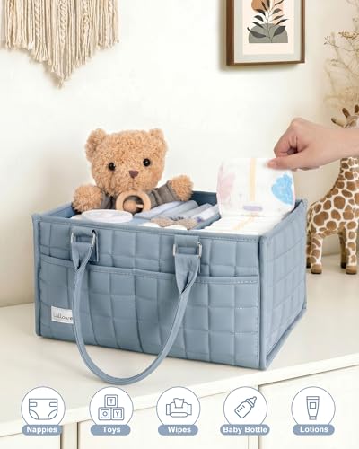 Lullawee Baby Diaper Caddy Organizer, Portable Nursery Storage Basket with Handle for Newborn Boy or Girl, Gift for Baby Shower Essentials, Registry Must Have Bag, Caddie Car Organizer, Blue