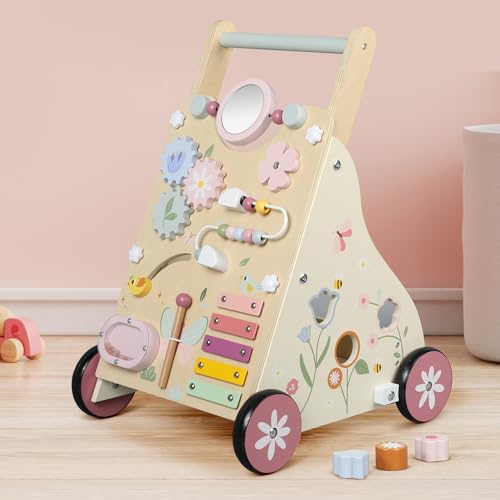 Pithfor Wooden Baby Walker, Baby Push Walker, Push Walker Toys for Babies Learning to Walk & Sit-to-Stand, with Montessori Sensory Toy & Activity Center for Girls Boys