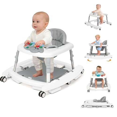 Tickeagle 5-in-1 Baby Walker for Boys and Girls Music and Lights 6-18 Month, Foldable Baby Walkers with 5 Adjustable Heights, Infant Toddler Walker with Wheels and Bouncer Combo Portable (White)