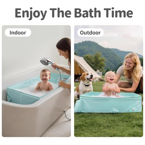 Baby Bathtub, Travel Bath Tub for 6M-3Y Toddler, Non-Slip Base, Bath Essentials for Boys Girls Toddler, Kids, Beach Vacation Travel Essential for Newborn, Registry Search, Green