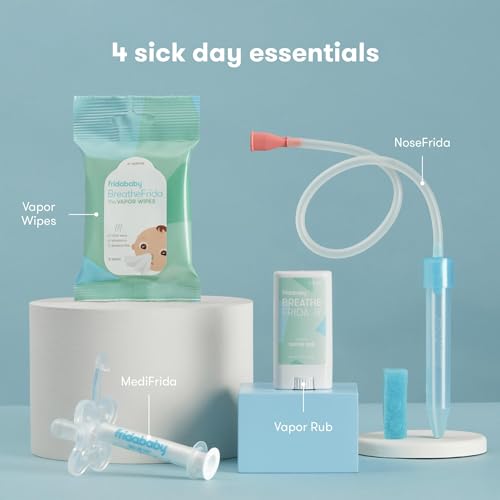 Frida Baby Sick Day Prep Kit, 4pc Set, Essentials Includes NoseFrida Nasal Aspirator, MediFrida Pacifier Medicine Dispenser, Breathefrida Vapor Chest Rub + Snot Wipes, Soothe Stuffy Noses for Babies
