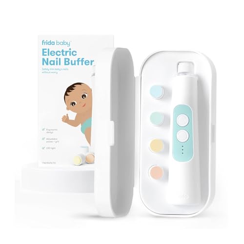 Frida Baby Electric Nail Buffer | Safe + Easy Baby Nail File, Baby Nail Clippers + Nail Trimmer Kit for Newborn, Toddler, Children's Fingernails/Toenails, 4 Buffer Pads, LED Light, Storage Case, White