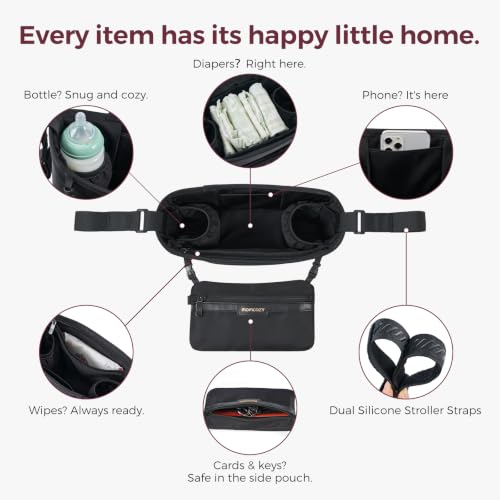 Momcozy Universal Stroller Organizer, Slim Stroller Caddy with 2 Insulated Cup Holders, Non-Slip Silicone Straps, Detachable Mini Pouch, Dense-Weave Parent Console for UPPAbaby, Doona, Graco & More