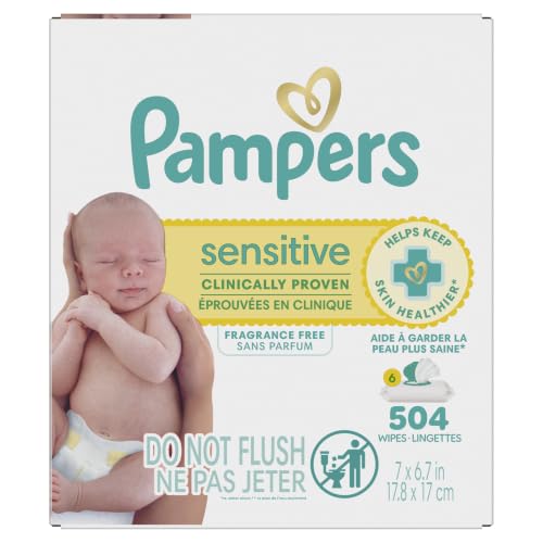 Pampers Sensitive Baby Wipes, Clinically Proven, Fragrance Free, Unscented, Water Based, Hypoallergenic, Multi-Use, Hand Wipes 504 Wipes Total (6X Flip-Top Packs) [Packaging May Vary]