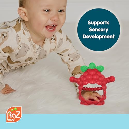 RaZbaby RaZberry Grip Silicone Teether Toy for 3M+ | Drop Resistant Hand Held Teether for Babies and Infants - Designed by Nature with Our Patented BerryBumps Multitextured Design | 3M+, Pink